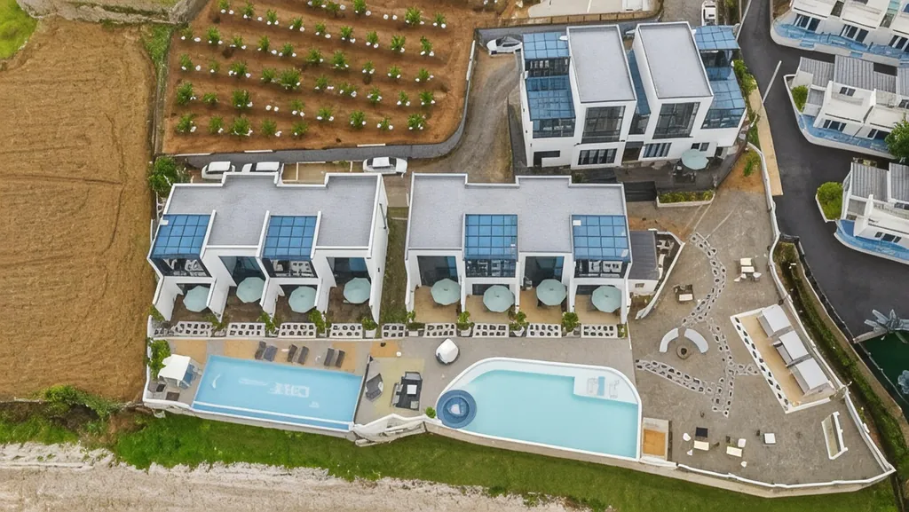 단지 항공뷰 + 야외 풀 + 풀빌라 단지 전경. 케이브 풀빌라가 어떻게 자리잡고 있는지 한 번에 보여요. 산 + 바다 사이 풀빌라 진짜 멋져요.